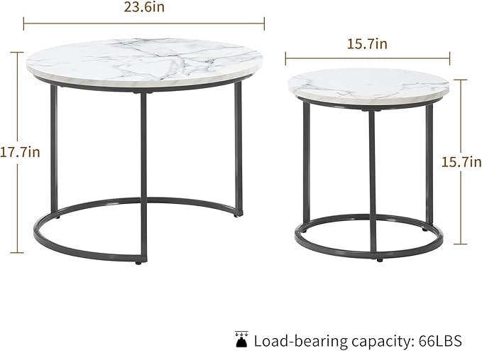 Round Nesting Coffee Table Set of 2, Modern Marble Pattern Wooden Nesting Tables