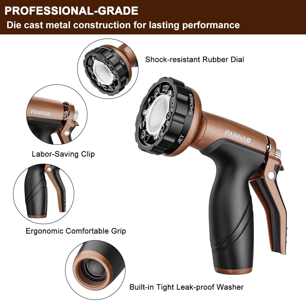 FANHAO Metal Garden Hose Nozzle, Heavy Duty Water Hose Sprayer with 6 Spray Patterns, High Pressure Water Hose Nozzle with Rear Trigger, Ideal for Outdoor Lawn & Plant Watering, Car & Pet Washing