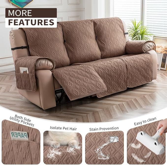 Genina Waterproof Couch Cover for Reclining Couch 3 Seater Non-Slip, Washable