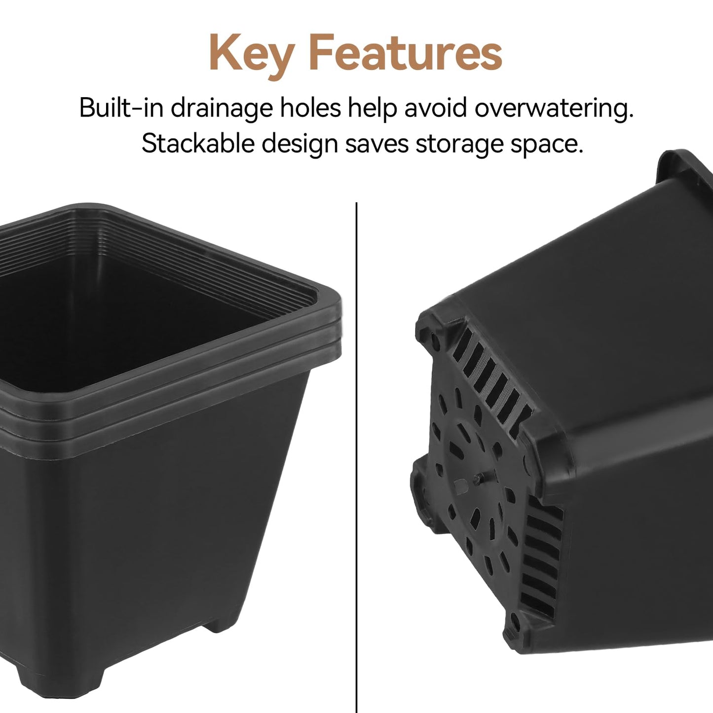 HAKZEON 50 PCS 5.5 Inch Square Nursery Pots, Black Plastic Plant Pot with Drainage Holes, Small Seed Starting Pots for Flower Planter Seedlings, Succulents