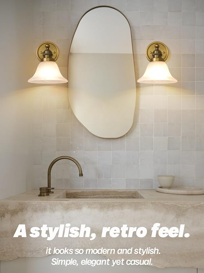 Gold Wall Sconces, Vintage Bathroom Vanity Lights with Frosted Milk Glass Brass Sconces Wall Lighting Indoor Wall Lamps for Living Room Bedroom Kitchen Sink Hallway Stairway E26