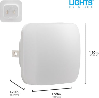Lights by Night Mini Square LED Night Light, Plug in, Dusk to Dawn Sensor, Warm 3000K, Compact Single Outlet Design (Doesn’t Block 2nd Outlet), Ambient Lighting, Bedroom, Bathroom, 2 Pack, 82487