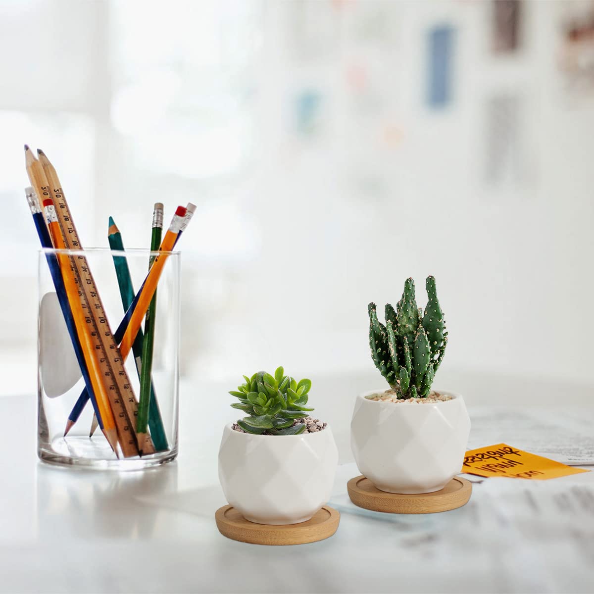 ZOUTOG Succulent Pots, White Mini 3.15 inch Ceramic Flower Planter Pot with Bamboo Tray, 2.5 inch Square Pattern Ceramic Planters, Plants Not Included