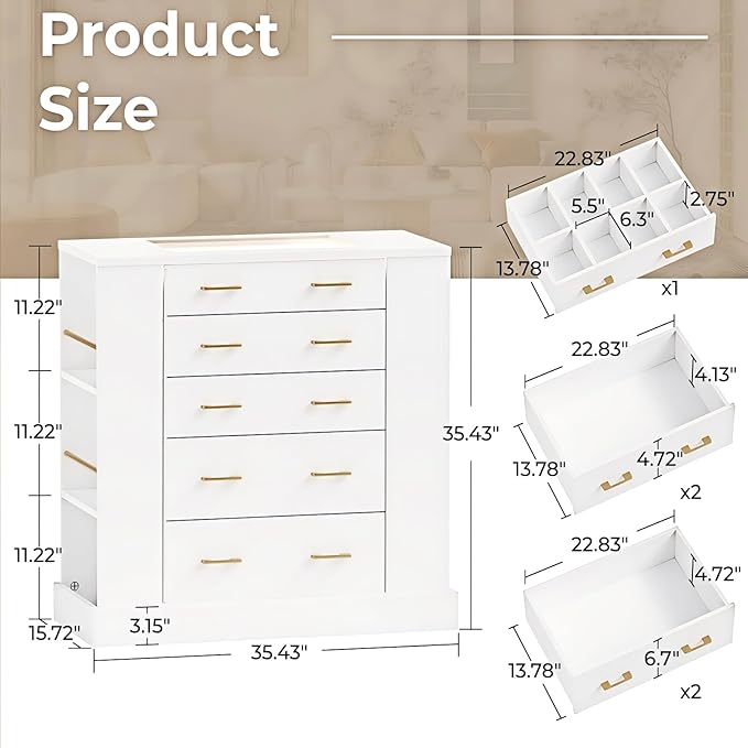 Drawer Dresser with LED Lights and Open Shelves, Modern Tempered Glass Top