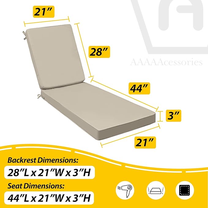 AAAAAcessories Outdoor Chaise Lounge Cushions, Fade-Resistant, Waterproof Patio