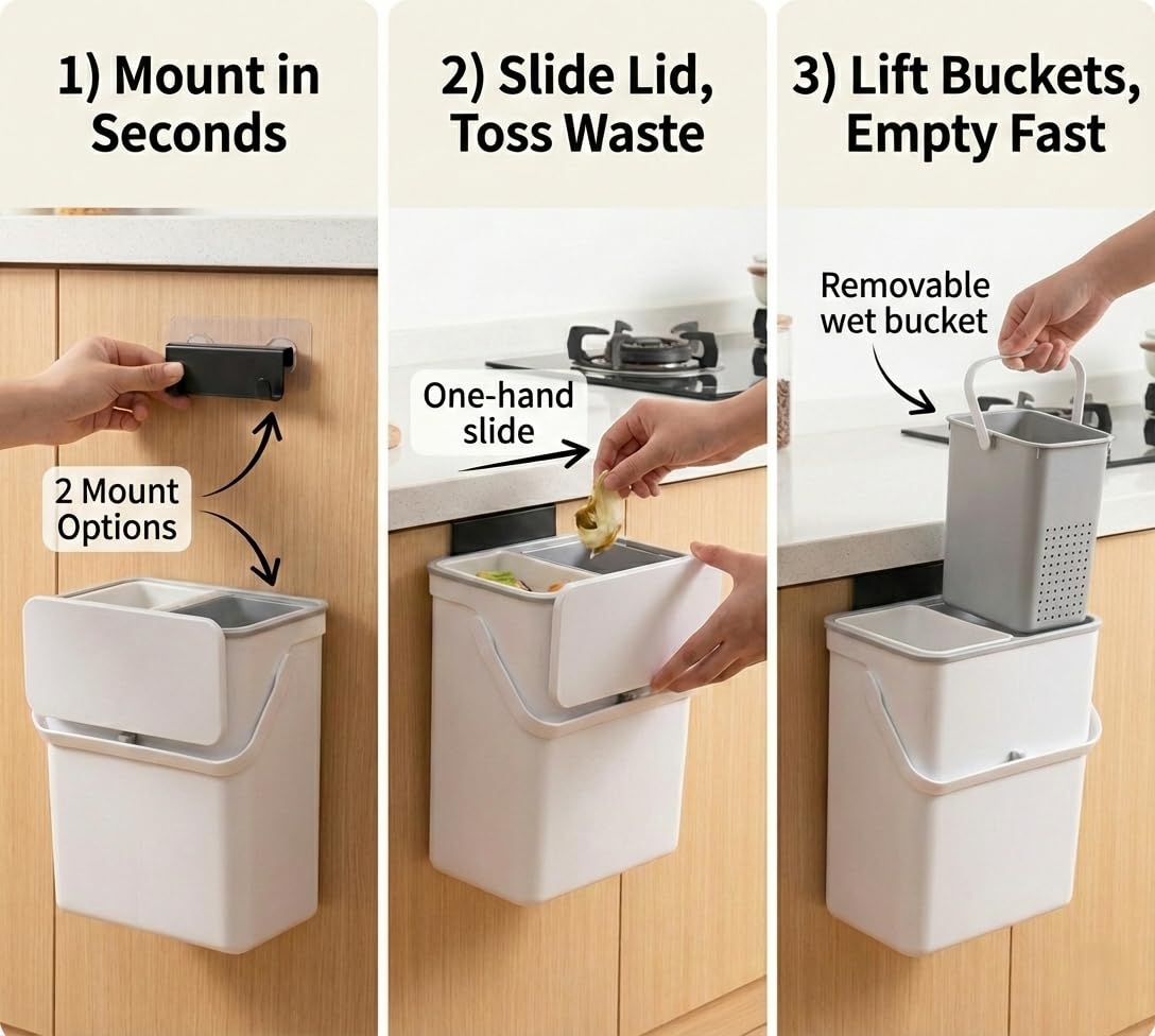 TOSCARA 3.2 Galoon Kitchen Compost Bin with lid | Odorless Hanging Trash Can with Sliding Lid for Dry & Wet Waste – 12 L Wall-Mounted Garbage Can for Kitchen Cabinet. Under Sink Trash can for Office.