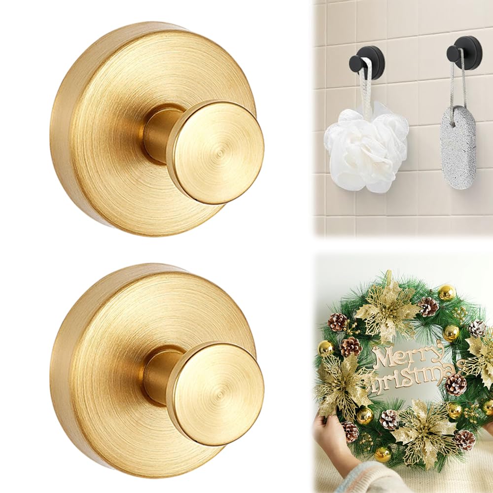 LECDOA Suction Cup Hooks for Wreaths on Glass, 2025 New Model No-Drill Suction Cup Hooks, Wreath Hangers for Front Doors, Metal Towel Hooks for Showers Bathrooms Mirrors (2, Gold)
