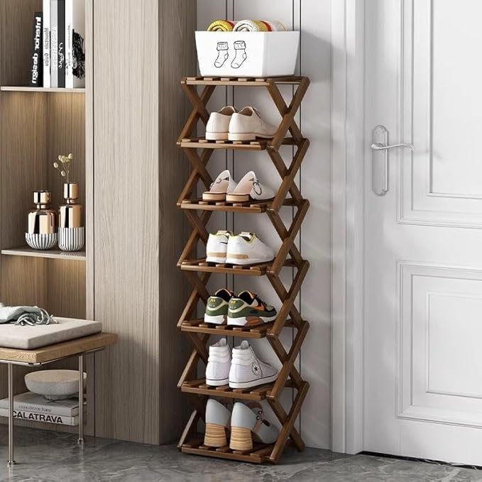 Foldable Shoe Rack, Bamboo Vertical Shoe Organizer Tall