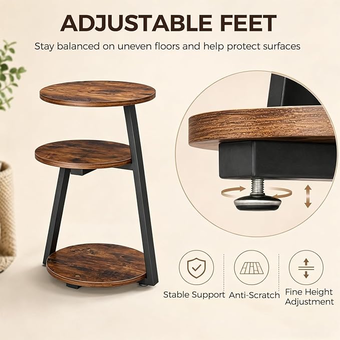 BEWISHOME Round Side Table, 3-Tier End Table, Nightstand