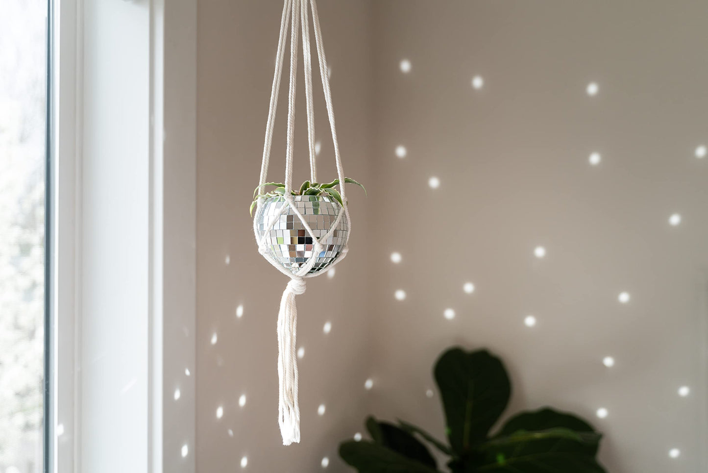 Havenstone Home Hanging Disco Ball Planter 8" - with Acrylic Stand and Macrame Plant Hanger - Home Décor, Room Décor, Patio or Boho Décor, Mirror Disco Planter, Disco Decor (4" Mini with Base)