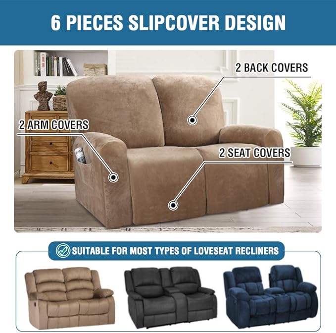 H.VERSAILTEX Velvet Stretch Recliner Couch Covers 6-Pieces Recliner Loveseat