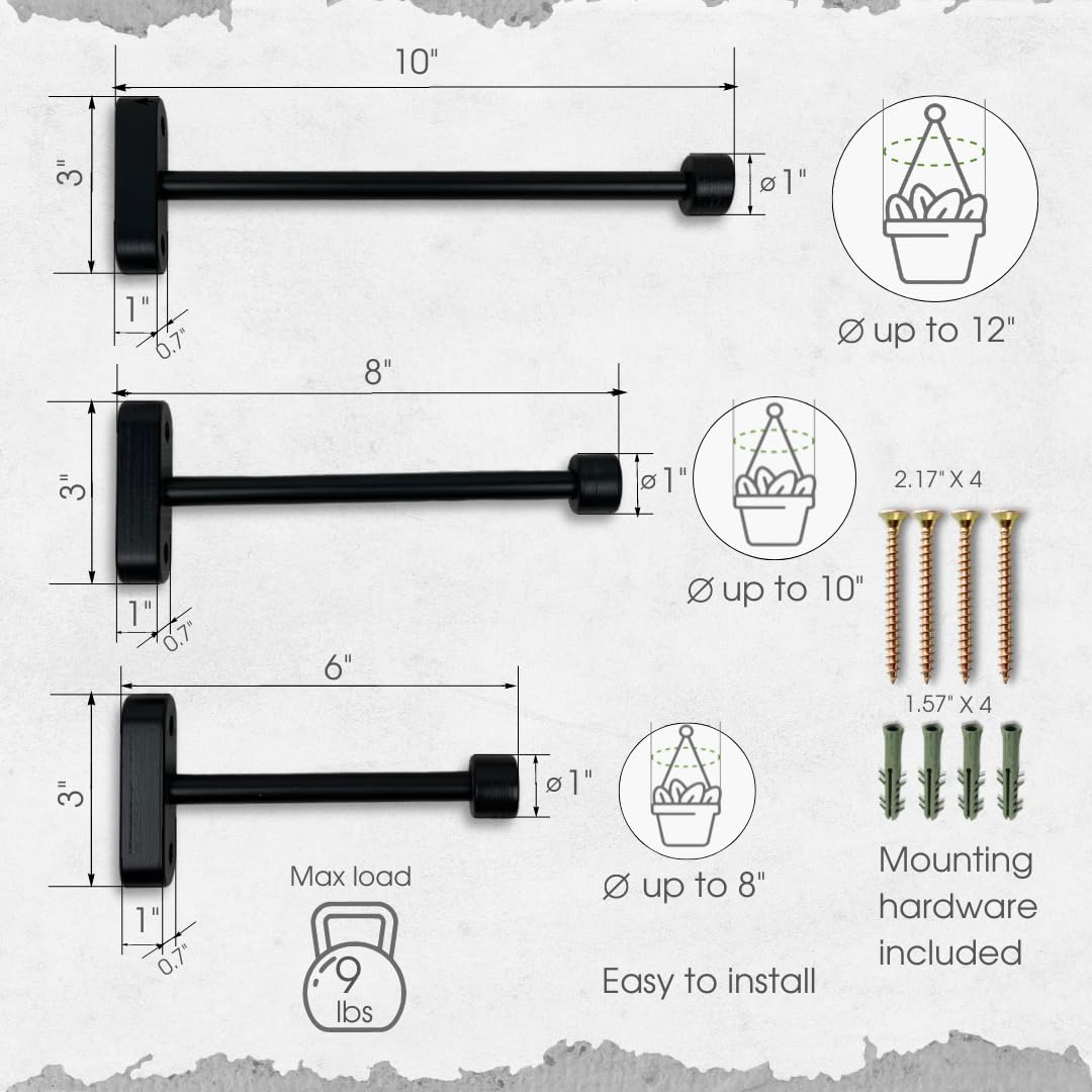 EvenWood 2-Piece Set of Wooden Plant Hooks for Wall with Sturdy Metal Tube - Plant Wall Hanger for Pots, Flower Brackets - Bracket Plant Hanger for Indoor and Outdoor Decorations (Black, 6 Inch)