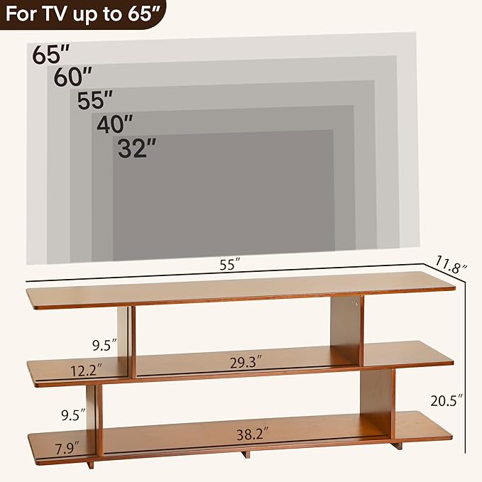 Bamboo TV Stand for TVs up to 65", 3 Tier Accent Entertainment Center