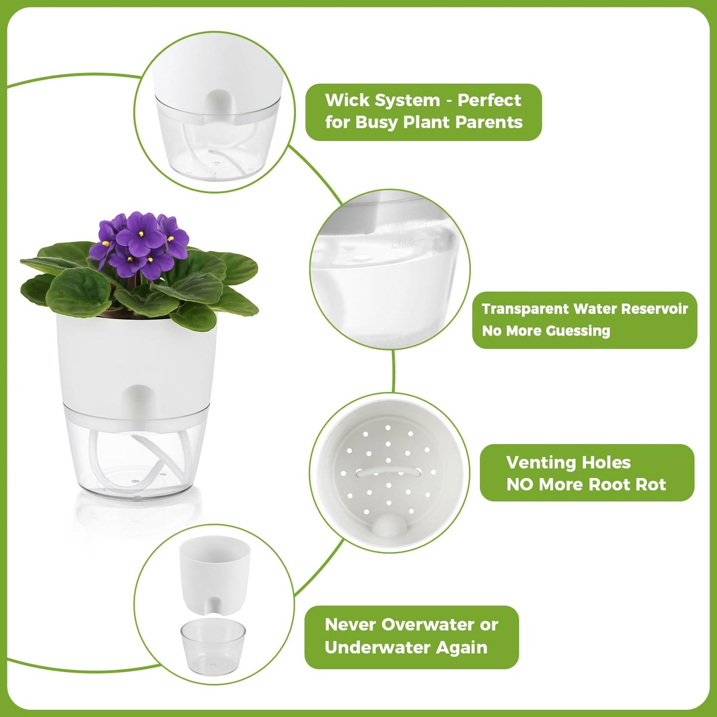 8 Pack Self Watering Pots for Indoor Plants, PlanterHoma 3.2 Inch Plant Pot Plastic Self Watering Planter for Orchid, African Violet, Mini Clear Flower Pots with Drainage Holes and Wicking Rope, White
