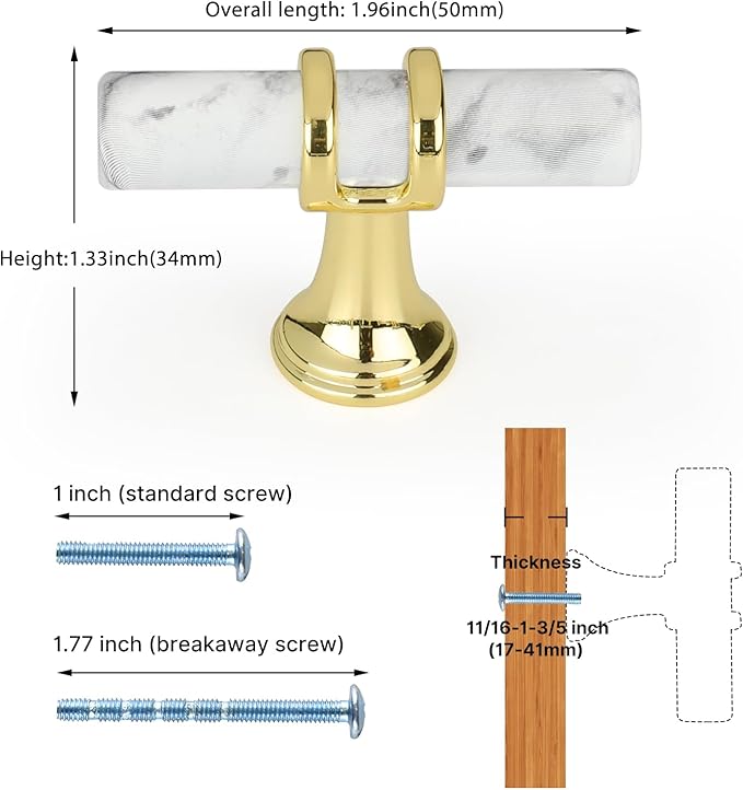 Rergy Cabinet Handles Marble Drawer Pulls and Knobs, T-Bar Hardware