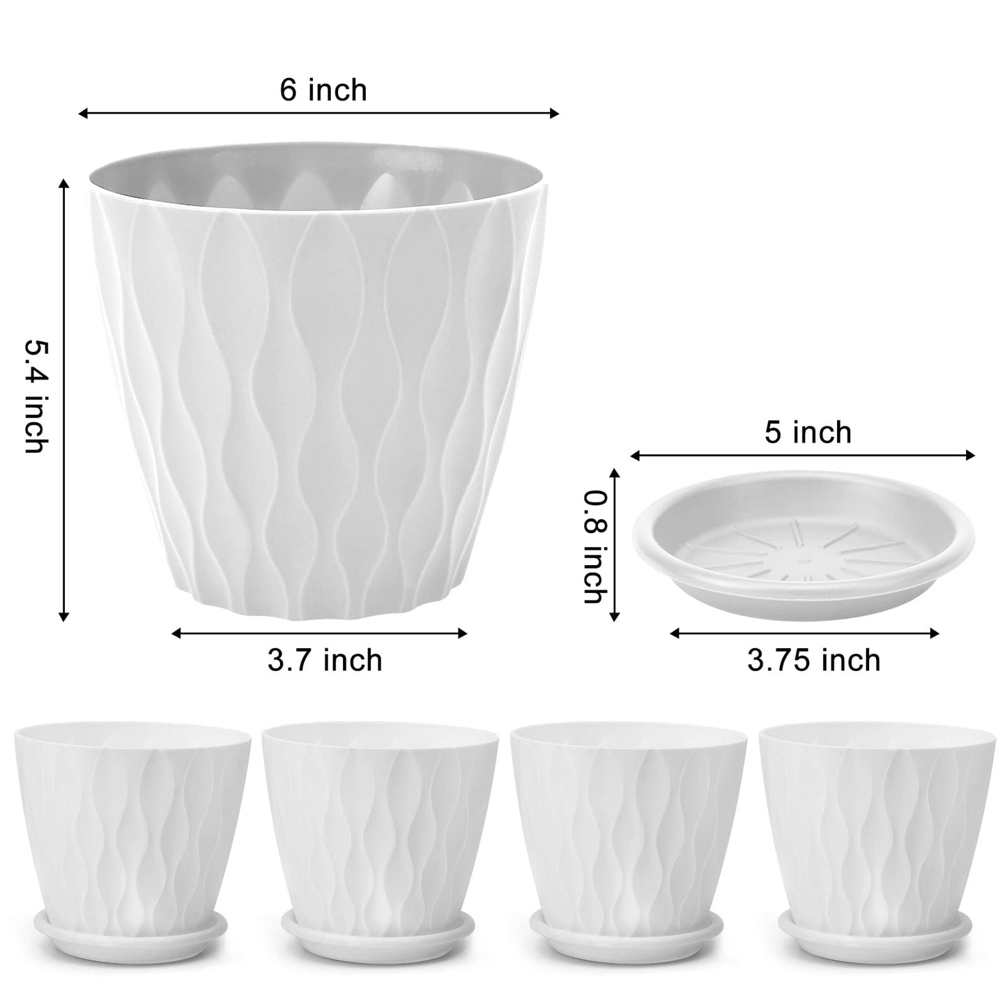 YNNICO 6 inch Plant Pots, 5 Pack Flower Pots Outdoor Indoor, Planters with Drainage Hole and Tray Saucer（White