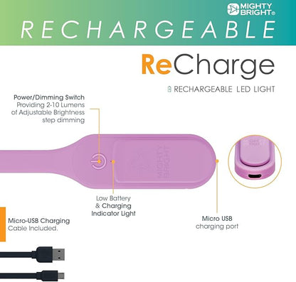 Mighty Bright The Original Recharge Clip On – USB Rechargeable Book Light – Warm LED Reading Lamp – Flexible, Dimmable, Lasts Up to 60 Hours a Charge (Lavender)