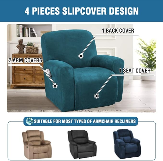 H.VERSAILTEX Velvet Stretch Recliner Couch Covers 4-Pieces Style Recliner Chair