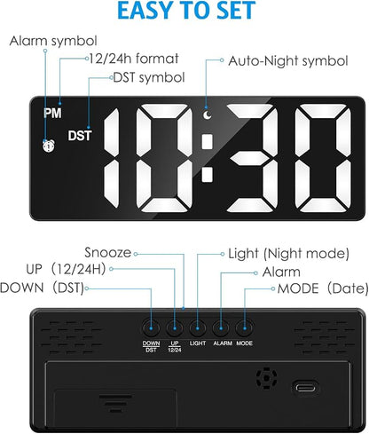 AMIR Digital Alarm Clock, LED Clock for Bedroom, Electronic Desk Clock with Type-C Port Adjustable Brightness DST Snooze 12/24H Display for Home Office