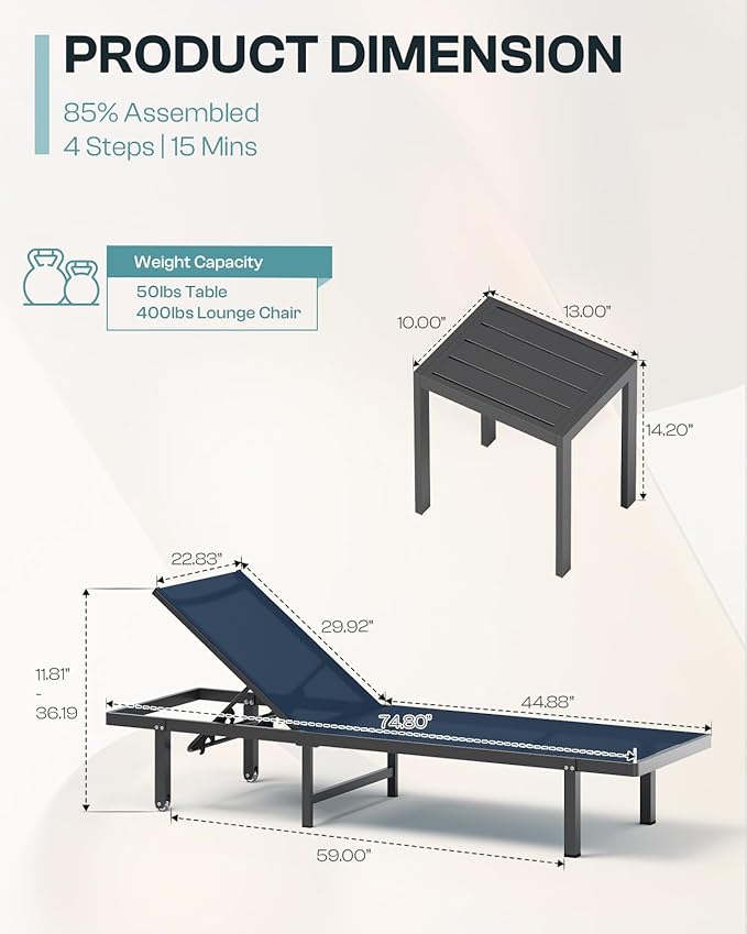 Lounge Chair Outdoor with Wheels, Aluminum Patio Chaise Lounge Chair with 5