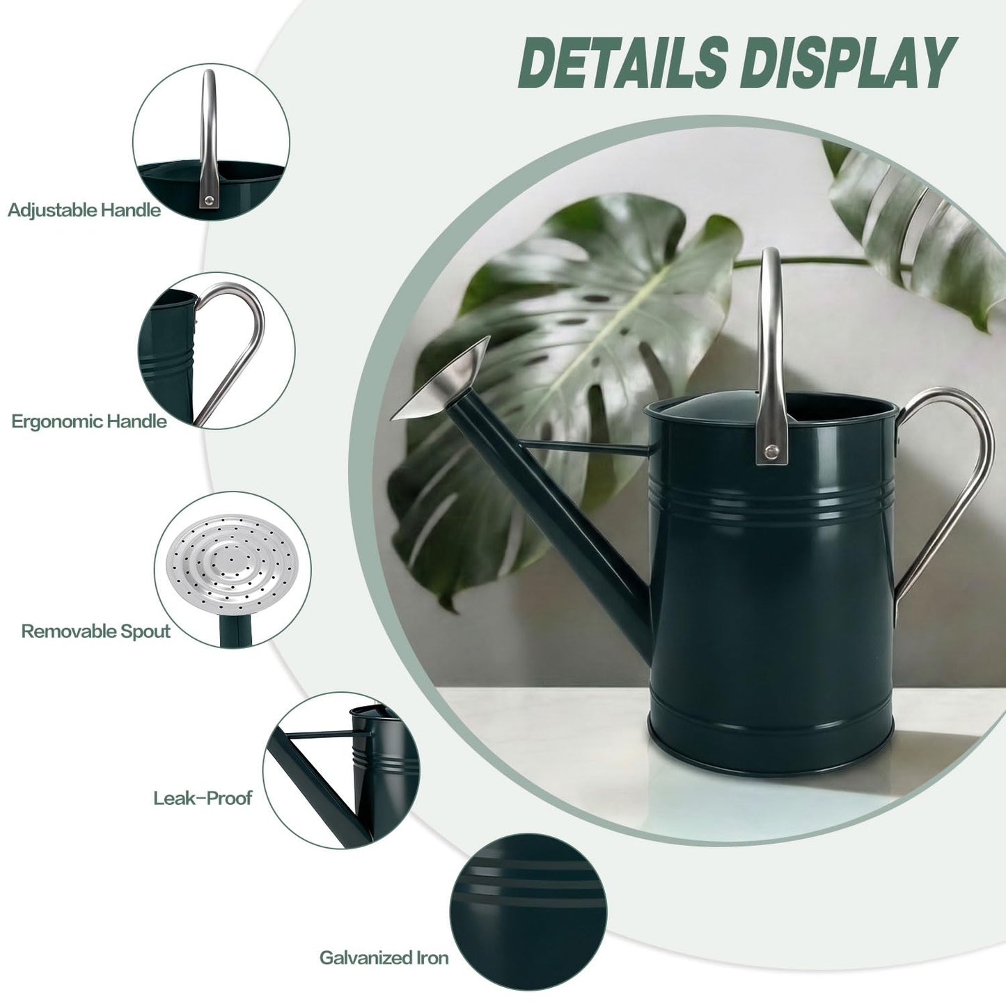 Metal Watering Can for Outdoor Plants, 1.7 Gallon Dark Green Garden Watering Can for Flower, Houseplants, Galvanized Finish