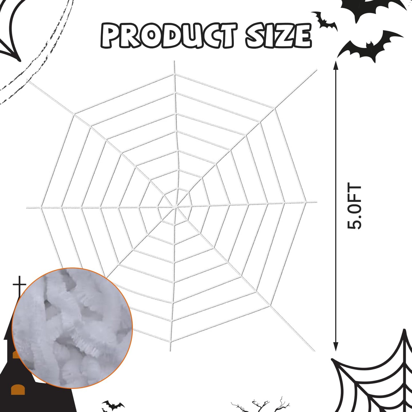 Vavious Spider Web Decoration 4.9ft Stretch Spiderweb Halloween Decorations Giant Round Spider Webs with Realistic String Rope Scary Haunted House Outdoor Wall & Yard Decor White 4pcs