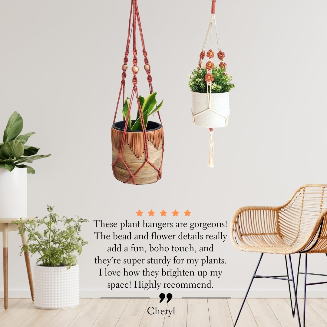 Set of 2 Macrame plant hanger with Daisies & Beads | Hanging plant holder Macrame Plant hangers outdoor and indoor hanging planters Plant stand indoor Boho Decor hanging planter stand (Cafe Latte)