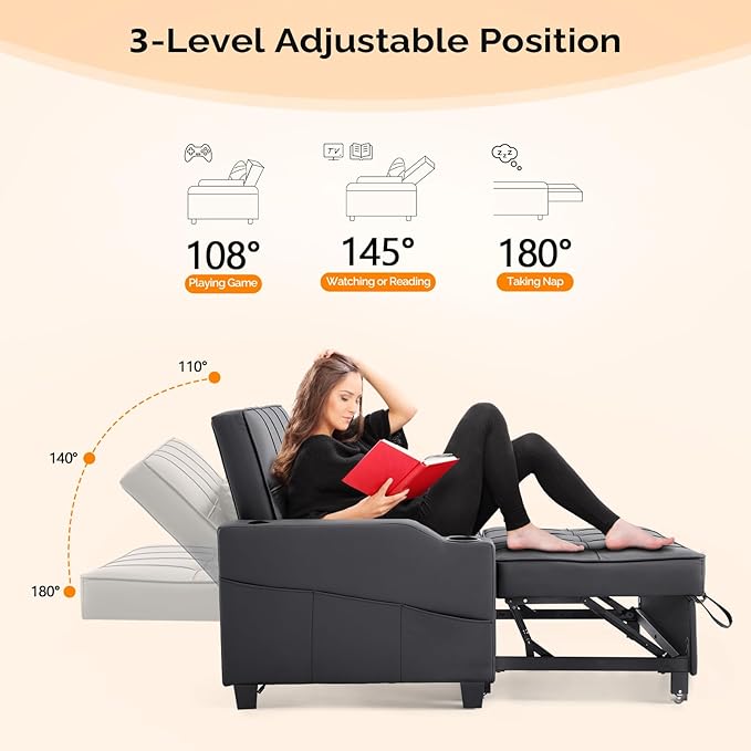 VINGLI Black Futon Sofa Bed Convertible Loveseat Sleeper Couch, Faux Leather