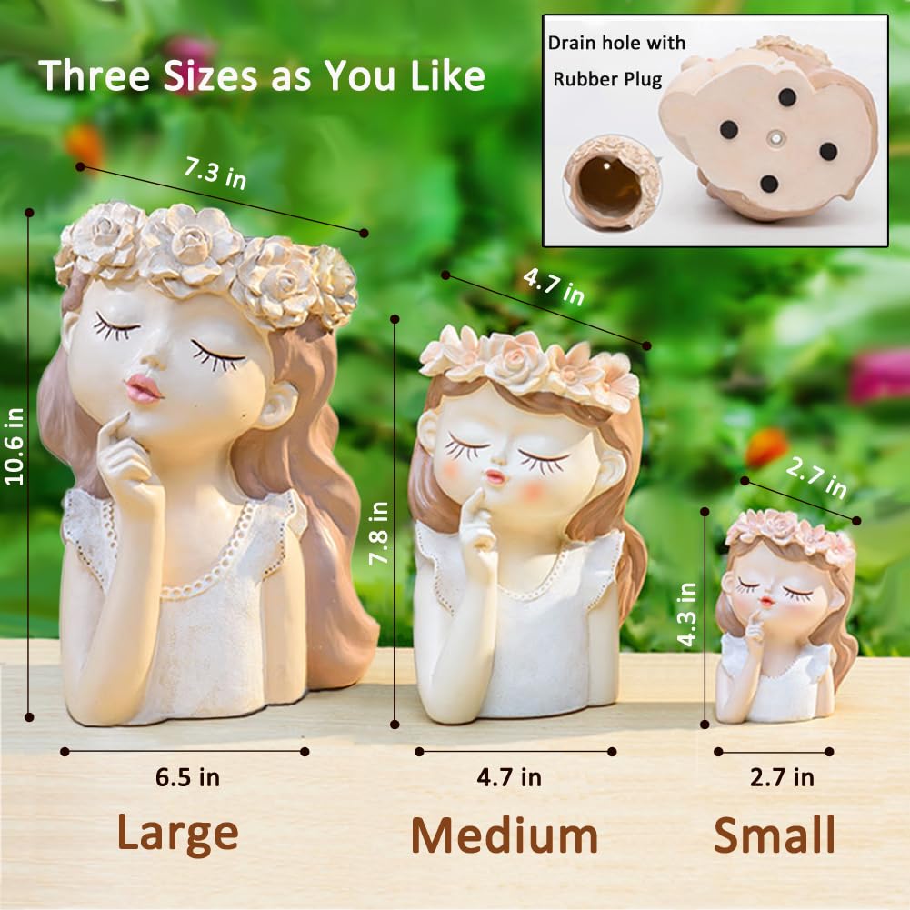 Snowy sunday Adorable Fairy Girl face Succulent Pot with Drainage Hole, Resin Head Planter Pot for Indoor Plants, Decorative Flower vase,Gifts Idea for Lady (Medium-Tranquility)