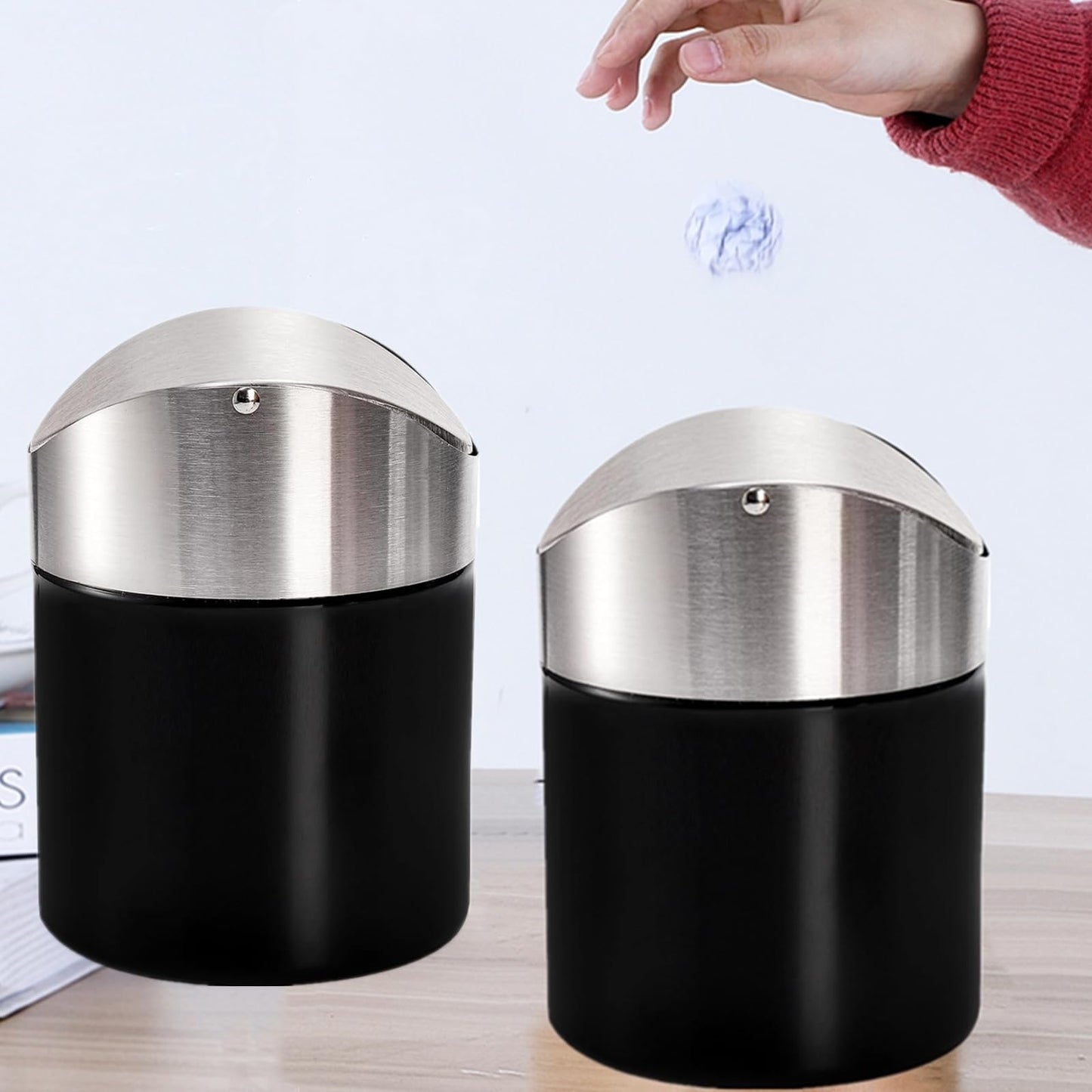 ToppYuanZea 2 Pack Mini Trash Can for Desk, Swing Lid Brushed Stainless Steel Countertop Garbage Bin with 12 Rolls Bags, Modern Tiny Waste Basket for Vanity, Makeup Tabletop, Office Desk, Coffee Table