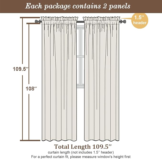 Chyhomenyc Extra Long Semi Sheer Curtains 108 Inches Long 2 Panels Set