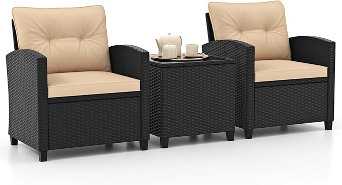 HAPPYGRILL 3 Pieces Wicker Patio Conversation Set, PE Rattan Bistro Sofa Set