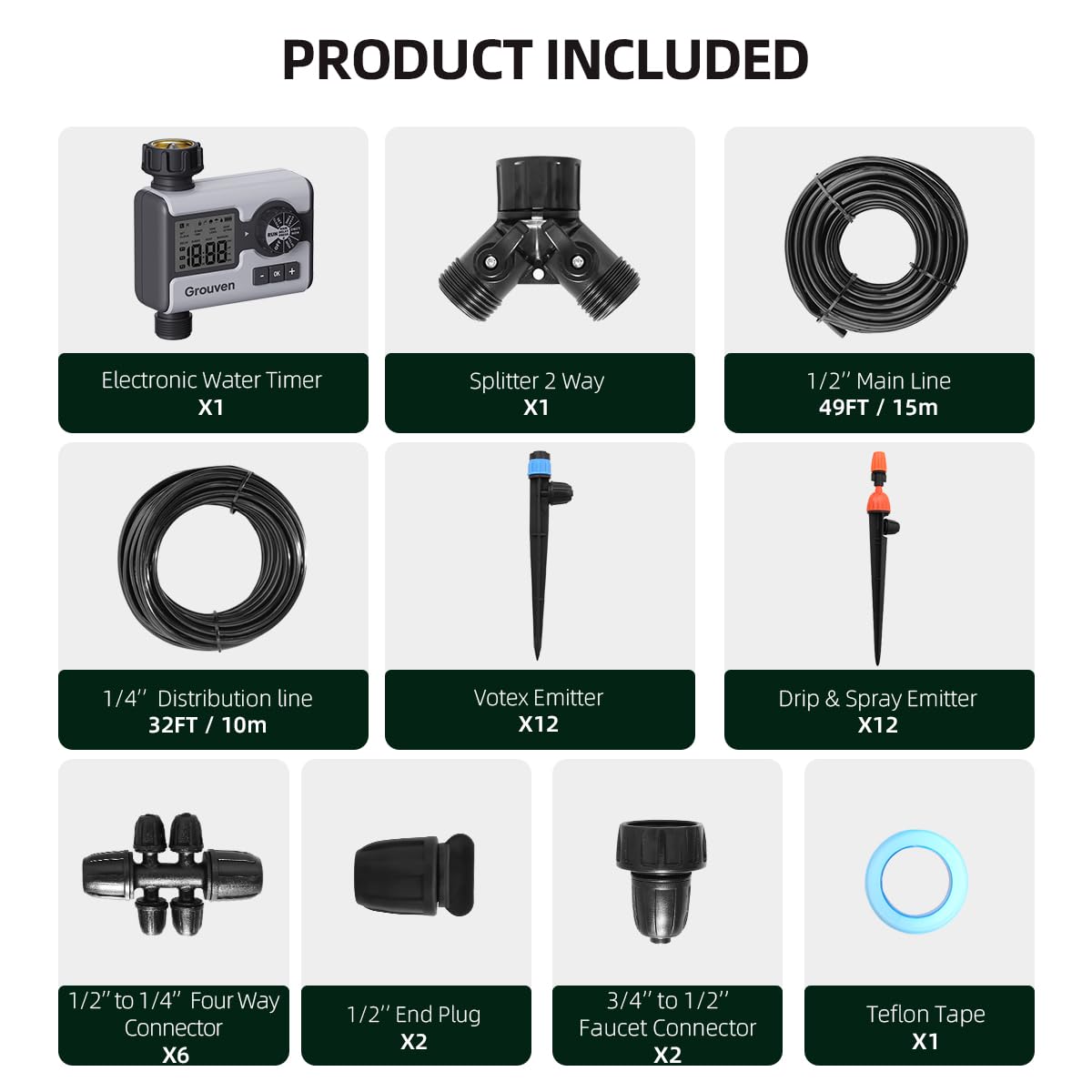 Drip Irrigation System with Water Timer Quick-Connect Automatic Irrigation Kit with 1/2 inch Hose 1/4 inch Distribution Tubing and Accessories DIY Garden Misting System for Yard, Lawn, Patio