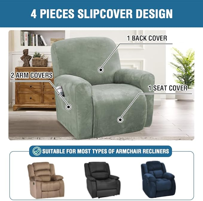 H.VERSAILTEX 4-Pieces Recliner Chair Covers Velvet Stretch Reclining Couch