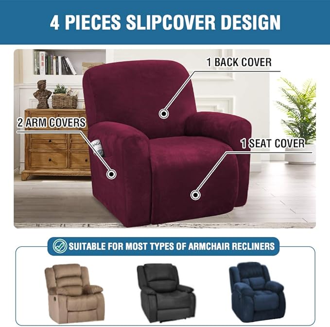 H.VERSAILTEX Velvet Stretch Recliner Couch Covers 4-Pieces Style Recliner Chair