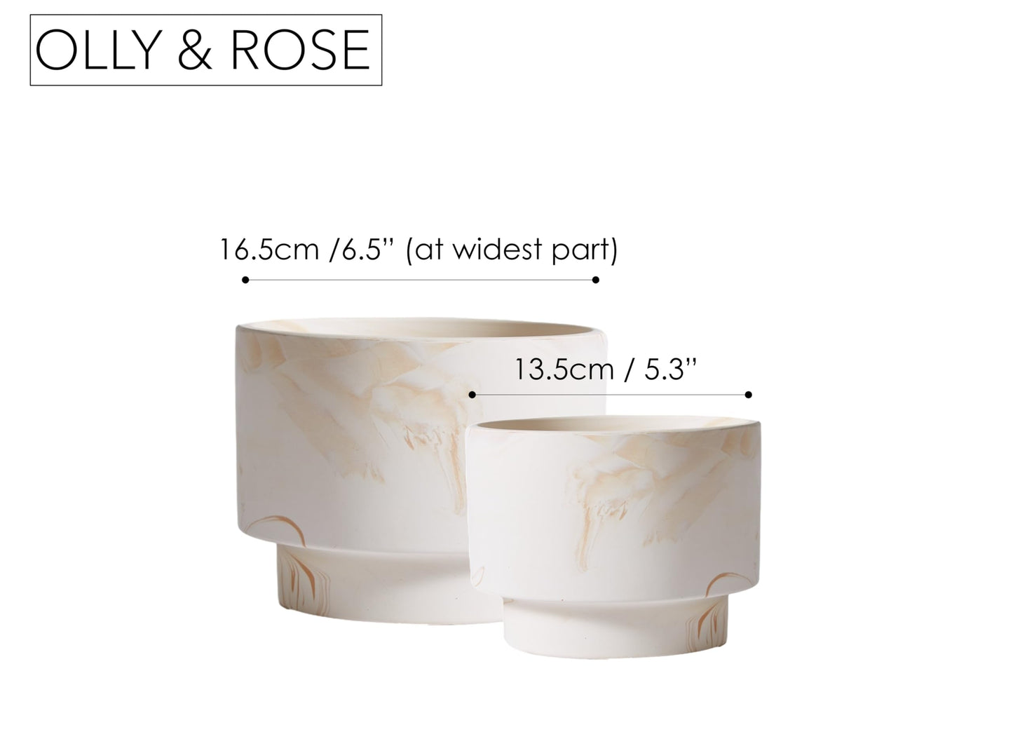 Olly & Rose White with Beige Streaks Ceramic Plant Pot Set 2-16.5,13.5cm Medium Plant Pots Outdoor and Indoor - White Planters - Flower Pots