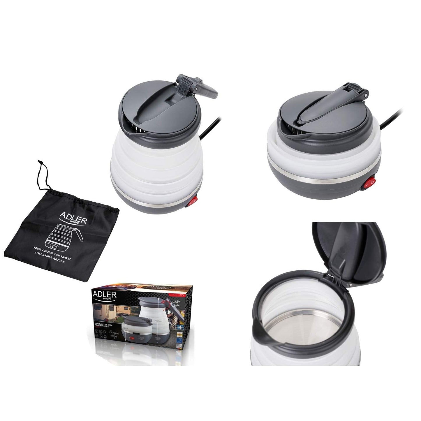 Adler AD1279 Folding Electric Kettle 0.6 Litre 750W BPA Free Silicone White and Dark Grey
