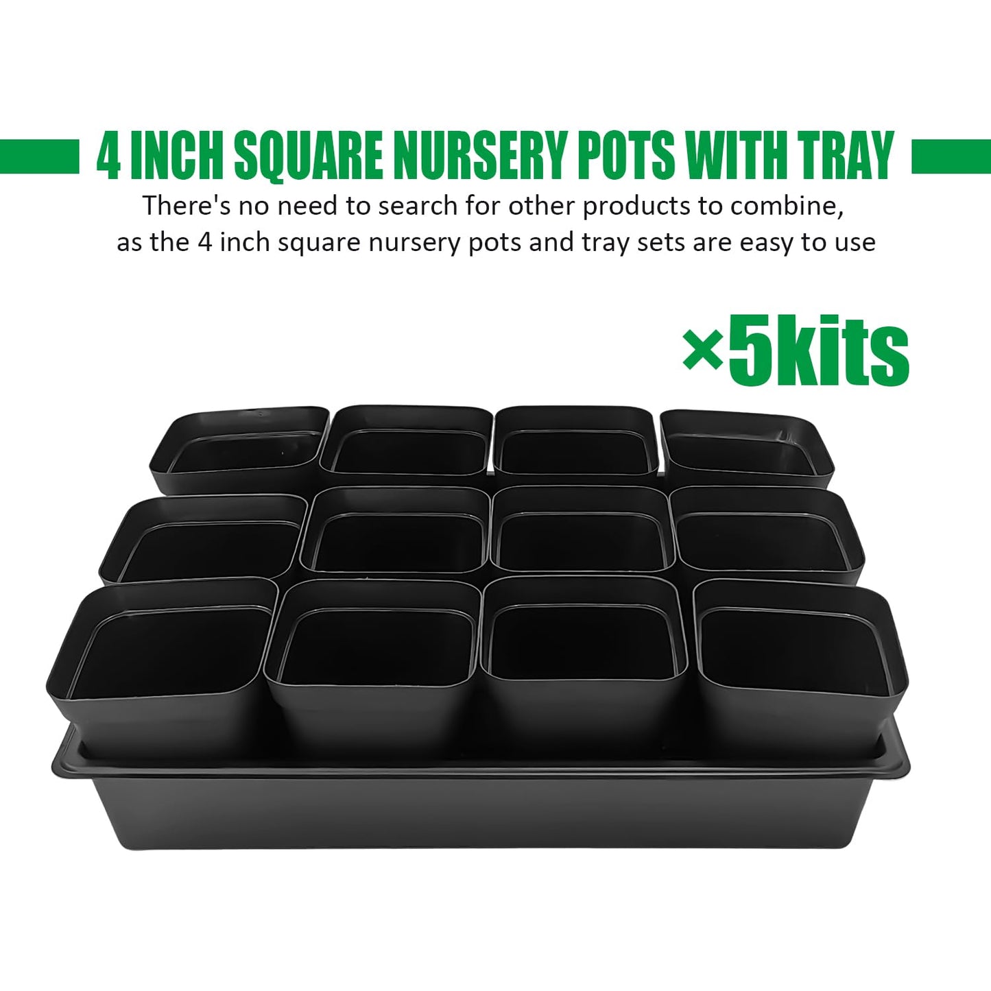 RooTrimmer 4 inch (10CM) Square Nursery Pots 60pcs, Sturdy Seedlings Trays 5 Pcs, Seeds Starter Germination Tray, Microgreening Planter Nursery Propagation 5 Sets