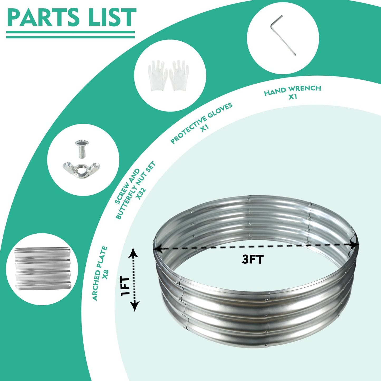 YSEJOMP 3FT Diameter Galvanized Garden Raised Bed/Plant Box/Fire Pit Ring-0.8mm Thick,12 Inch Tall,Crimped Edge and Corner,No Sharpe,Perfect for Plantings (Silver, 36 Dia X 11.5 inches)