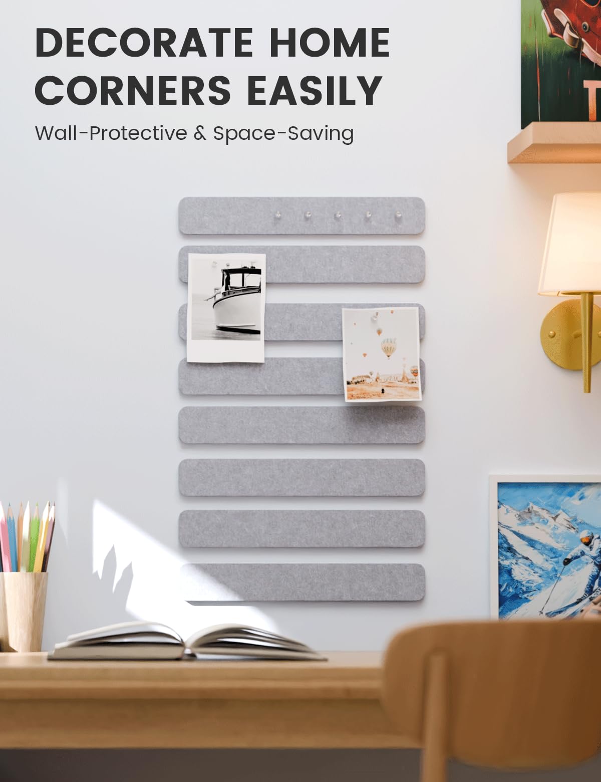 Fluxynara Cork Board Alternative Felt Strip Board 8-Pack 13"x2", Office Pin Board with 50 Push Pins, Adhesive Install for Bedroom Door & Home Office (Soft Gray)