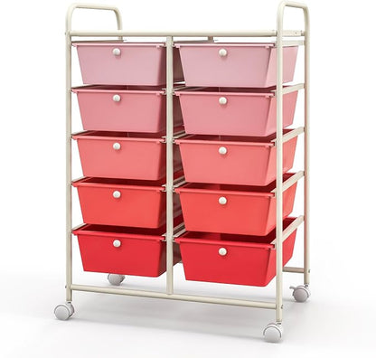Giantex 10 Drawers Rolling Cart, Classroom Organizers, Storage Cart with Wheels, for Teacher Office Home School Supplies Tool Craft Art Paper, Pink Gradient