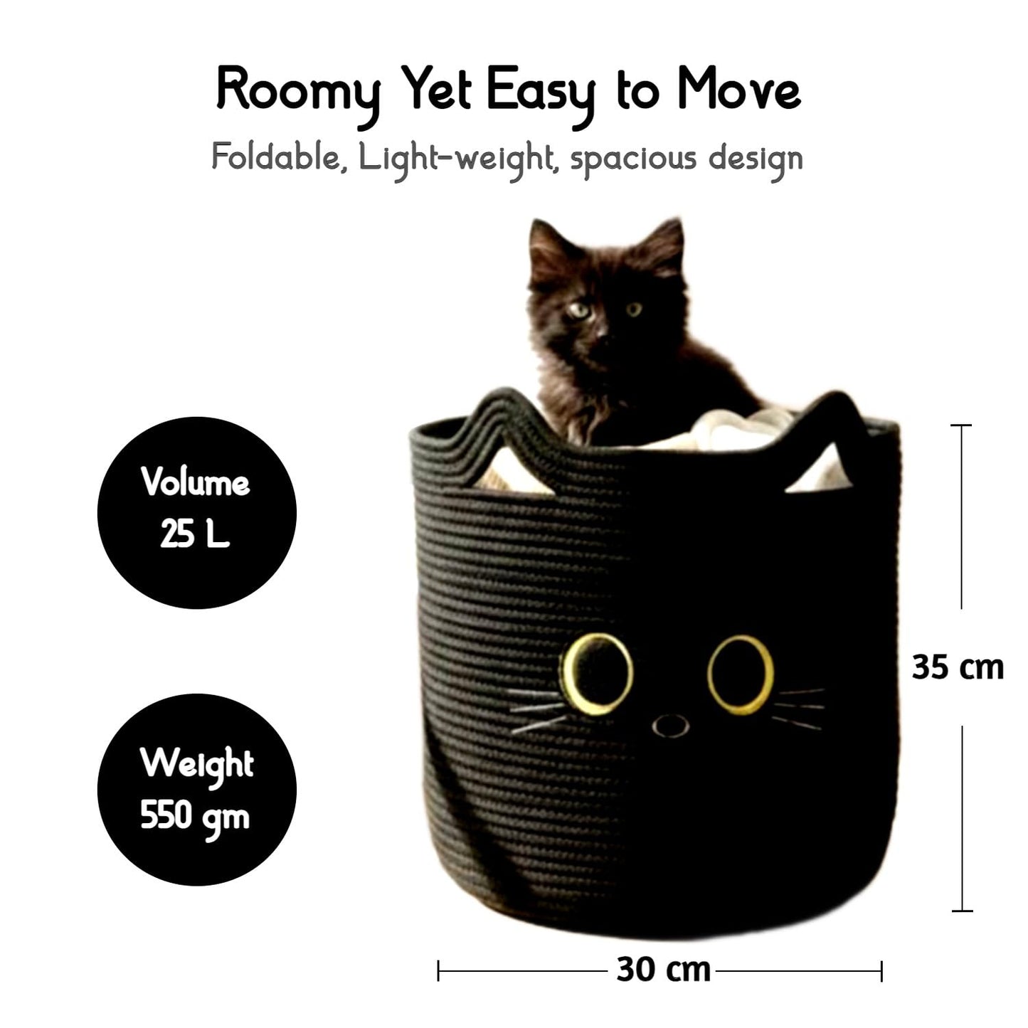 Nursery Storage Basket, 25L Large Woven Cotton Rope Baby Bin, Black Cat Design, Cutout Handles, Foldable, Washable, & Baby-Safe Organization for Kids Toy, Stuffed Animals, Laundry Hamper (Black Cat)