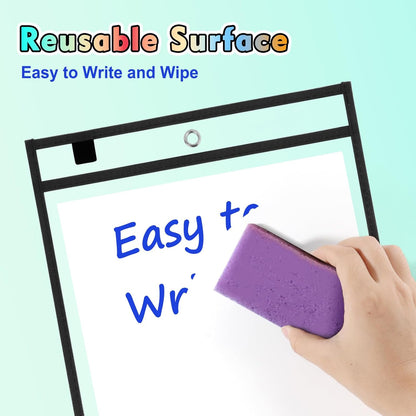 50 Packs Dry Erase Pocket Sleeves with 2-Ring, Reusable Clear Plastic Classroom Sleeves, 10x14 Inch Ticket Holders, Plastic Sleeves for School/Office Organization