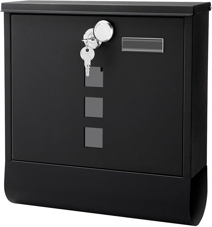 Jssmst Locking Mailbox Wall Mount, Black Mailboxes with Secure Key Lock and Newspaper Compartment, Key Lock Drop Box Large Capacity with Galvanized Cover and Rust-Proof Metal Mailbox, HPB2210 Black