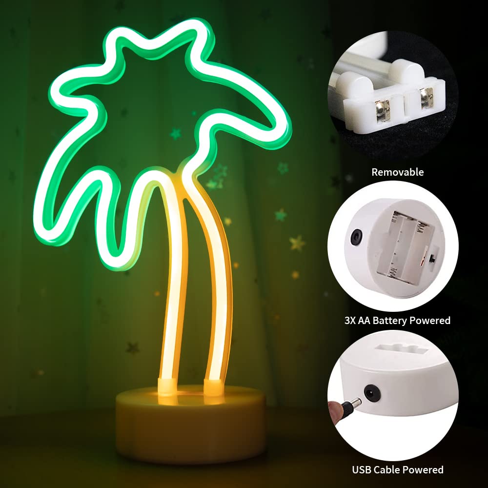ENUOLI Coconut Palm tree Neon Signs LED Battery Operated USB Powered Neon Light with Holder Base for Party Supplies Girls Room Decoration Accessory for Luau Summer Party Children Kids Gifts