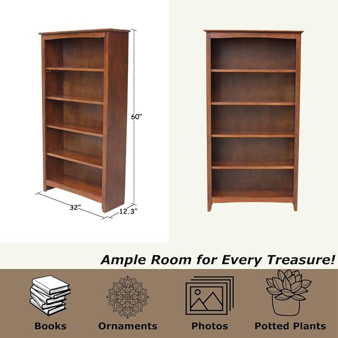 International Concepts, Solid Wood Bookcase 60" High, Adjustable Shelves