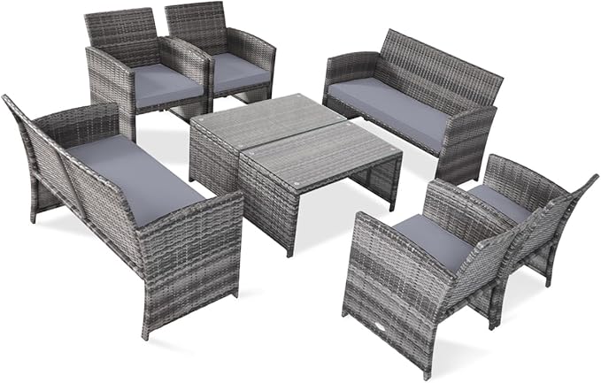 Tangkula 8 Pieces Patio Wicker Conversation Furniture Set, Patiojoy Sofa &