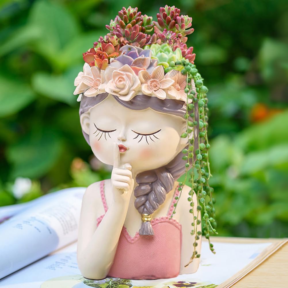 Snowy sunday Adorable Girl face Planter 2 Packs (Tranquility) Succulent Pot with Drainage Hole Tall Lady Head Planter Farmhouse Resin Flower Pot Decorative vase for Indoor and Outdoor Plants Gifts