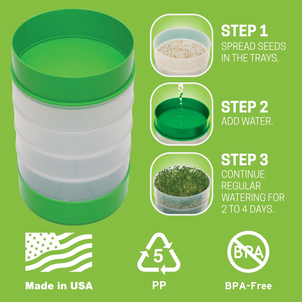 KITCHEN CROP Deluxe Seed Sprouter with 4 Growing Trays and 1 Seed Packets, (Alfalfa Seeds) Easily Grow Sprouts Indoors for a Healthy Lifestyle