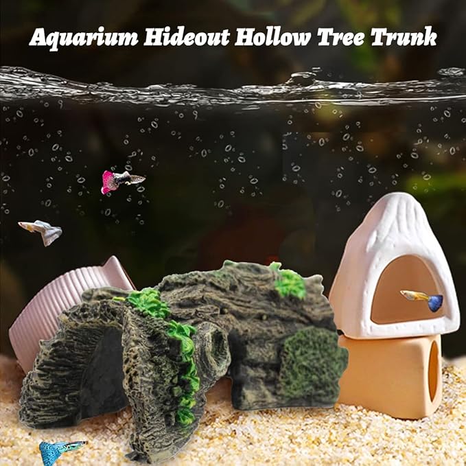 2PCS Small Aquarium Trunk Decoration Hollow Tree Trunk Hideout Log Hideaway Fish Tank Resin Wood Ornament Reptile Habitat Cave for Fish and Shrimp to Swim(6.7X 3.3 x 3'')